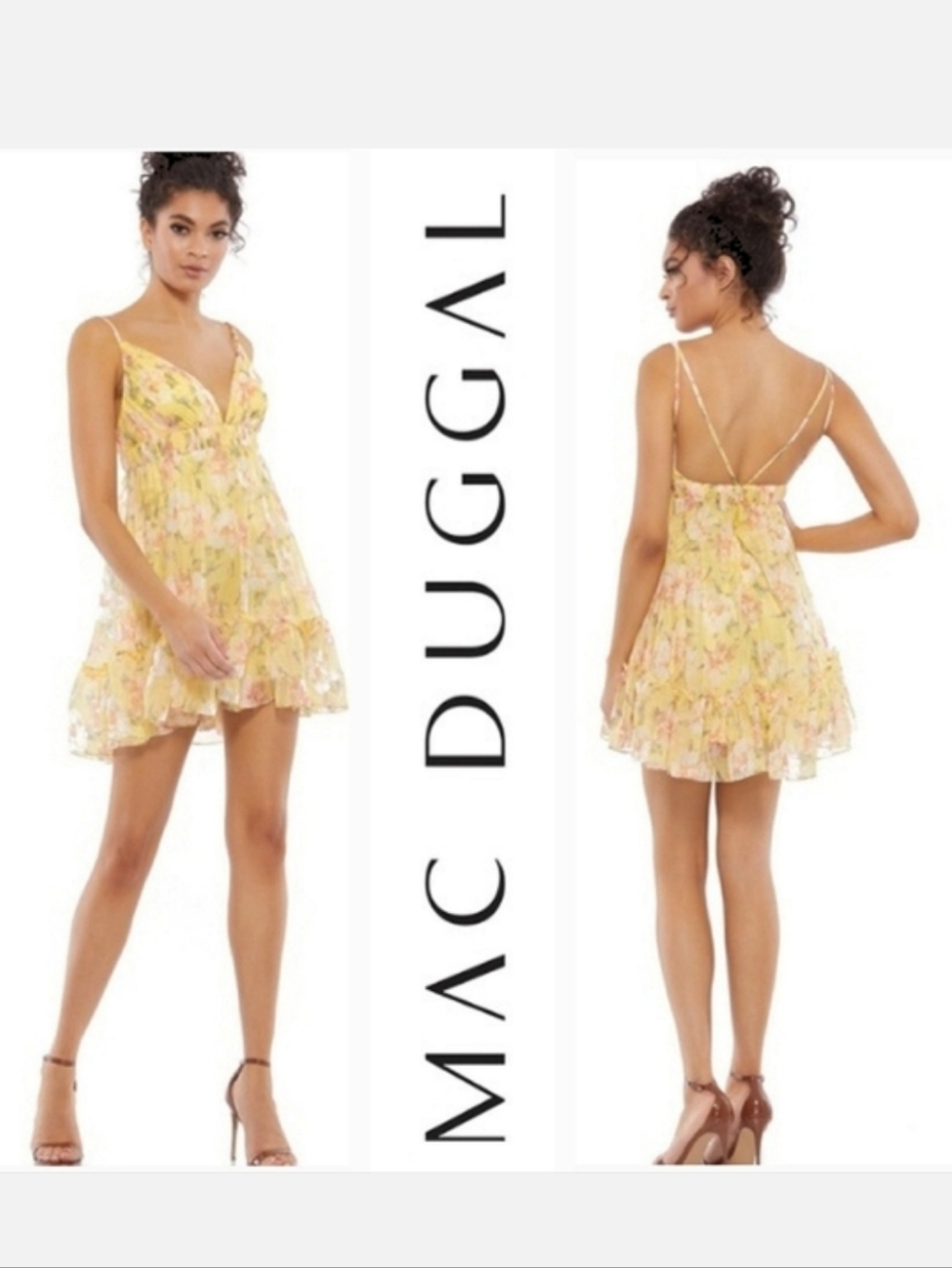Mac Duggal Ieena Mini Dress Yellow Floral Empire Waist Ruffled Sz 4 CoquetteGirl